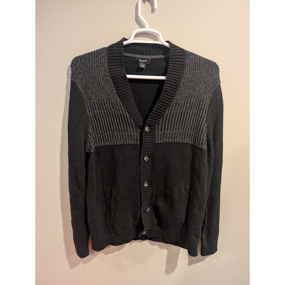 Alfani L Mens Cardigan Sweater Grey Black Ribbed Chunky Y2k 100% Cotton
